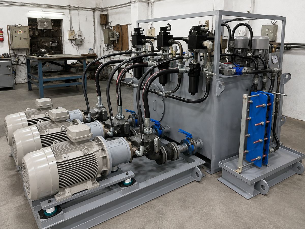 Hydraulic power unit assembly floor at Suyog Hydrosystems, Talwade, Pune — multi-motor HPU under build