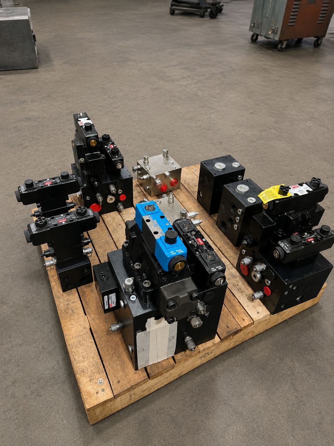 Hydraulic manifold block assemblies with directional and proportional valves