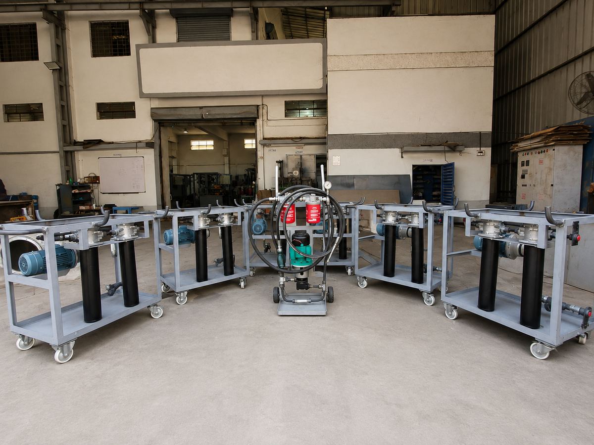 Portable hydraulic oil filtration trolleys lined up at Suyog Hydrosystems factory