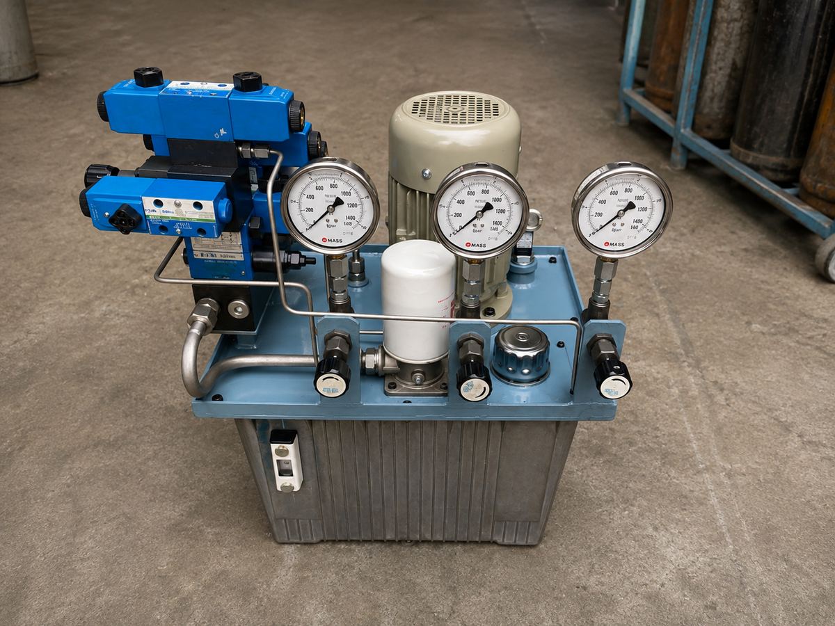 VMC clamping hydraulic power pack with directional control valves and pressure gauges